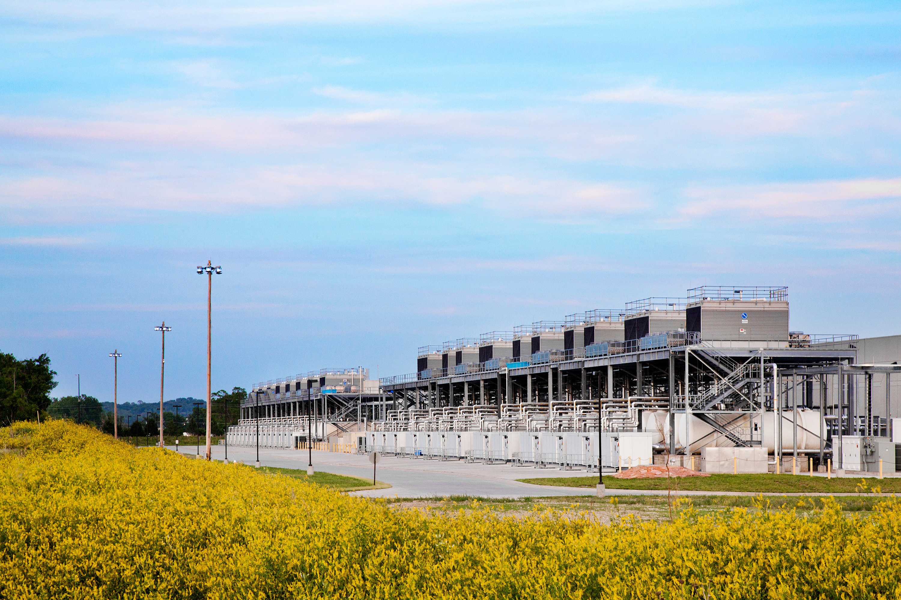 Cooling towers at Google's Council Bluffs data center behind a field of yellow flowers.